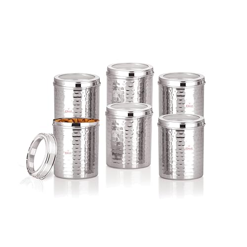 Image of Ebun Stainless Steel Containers for Kitchen Storage Set | Steel Storage Containers for Kitchen | Steel Containers with Lid | Hand Hammered Texture Airtight Steel Containers 750 Gms | Pack Of 6