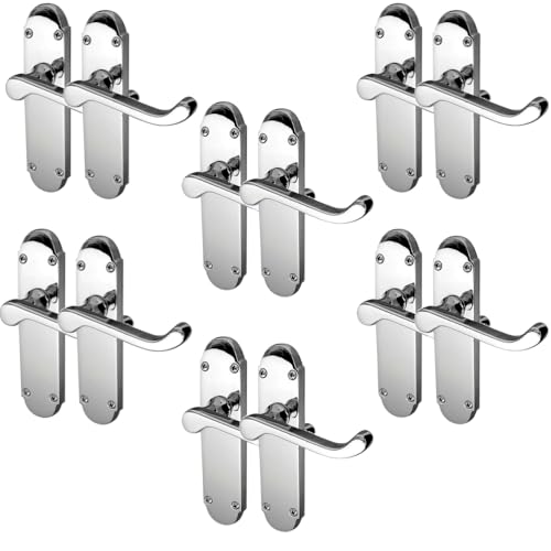 Epsom Door Handle Polished Chrome Scroll Door Handle Sets – 6 Pack Victorian Lever Handles with 170mm x 42mm Backplate | Internal and External Door Handle Set for Home Office and DIY Projects