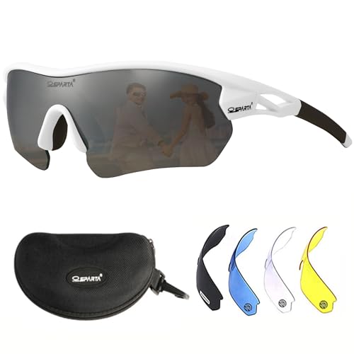 OUTDOORSPARTA Gafas de sol deportivas polarizadas con 5 lentes intercambiables para hombre y mujer (12. Marco blanco, Plata espejada de lente completa)