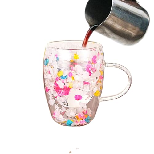 Générique Cups with Dried Flowers, Coffee Cup with Handle, Drinking Cups, Beverage Glasses for Hot Cold Drinks, Double Walled Clear Coffee Cup, 350ml Double Walled Clear Coffee Cup