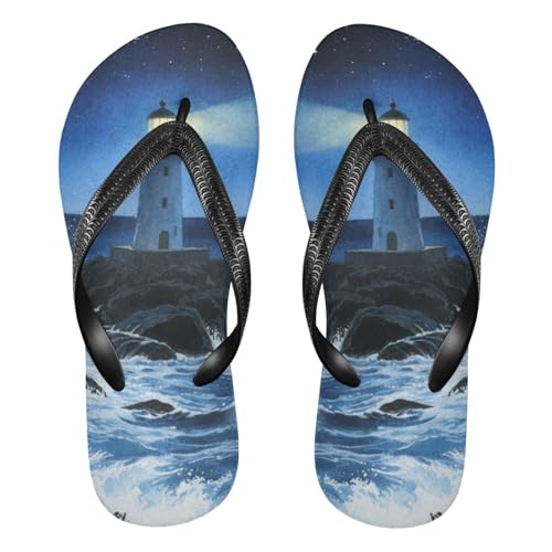 siphylline Chanclas de goma azul oscuro con diseño de faro de olas de mar para hombre, de secado rápido, para vacaciones, Azul oscuro Sea Wave Faro, Large