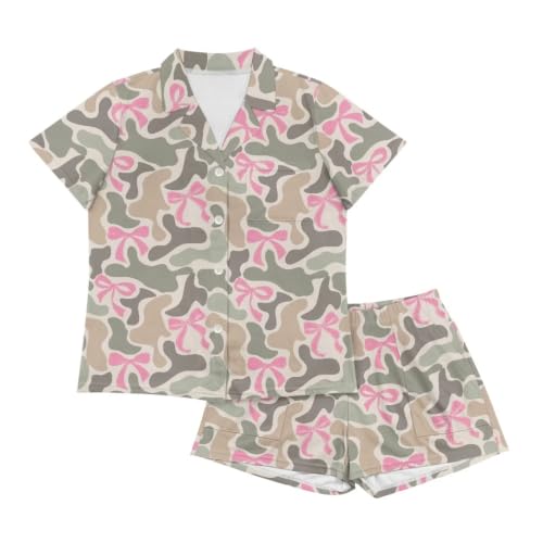Image of Renewold Button Down Womens Pajama Set Short Sleeve Loungewear Bow Nightwear Sleepwear Night Suit Tops Shorts 2 Pieces