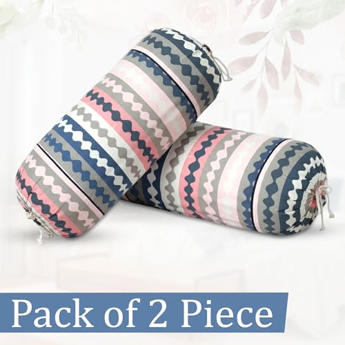 Image of GLUN Pack of 2 Zig Zag Multicolour Round Striped Bolster Pillow Covers, Size 16 inch x 30 inch (40 x 75 cm, Cream) Printed Polyester Silk Fabric for Living Room or Bedroom, Stylish & Modern Covers
