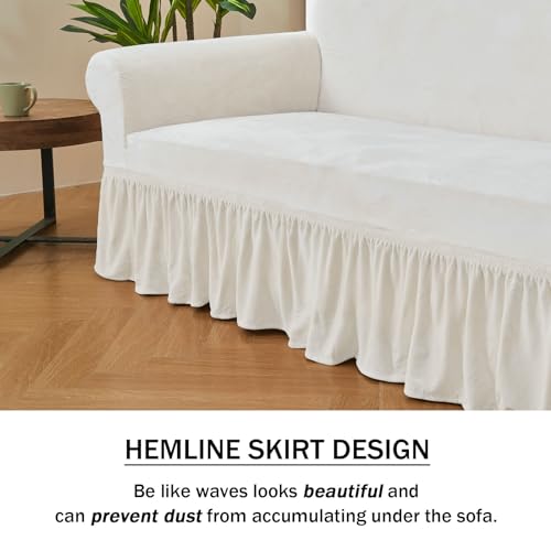 NICEEC Sofa Cover Super Soft 1-Piece White Sofa Slipcover for Sofas Stretch Universal Spandex Couch Covers for Living Room Easy Fit Washable Furniture Sofa Protector with Skirt