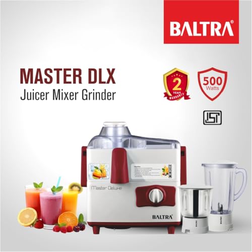 Image of BALTRA Master Deluxe 500W Juicer Mixer Grinder | 2 Jars (1.5L & 1L) | 3-Speed Control | SS Blades | Large Pulp Collector | Ideal for Fruits & Juices | 2-Year Warranty | Compact & Powerful