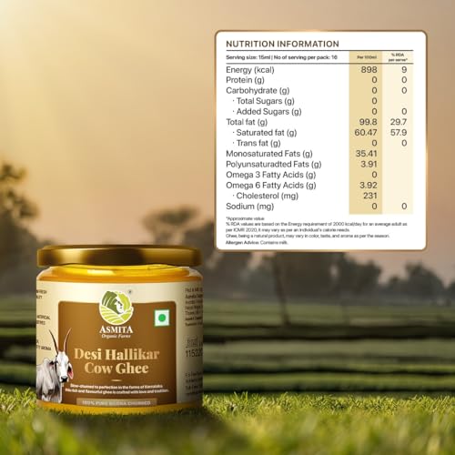 Image of Asmita Organic Farms Hallikar Cow A2 Ghee 250ml (Glass Jar) | Hand-Churned Traditonal Bilona Method | Grass-Fed & Pasture-Raised in Karnataka | Rich Aroma | Healthy & Natural Danedar Desi Ghee