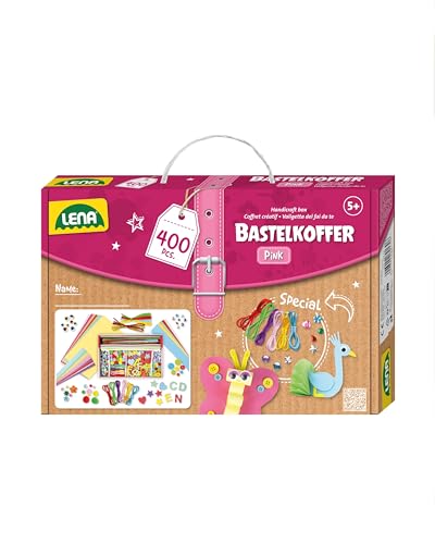 LENA 42714 - Valigetta per bricolage, con Carta Colorata, Gomma espansa, detergente per Pipe, Strass, Occhi oscillanti, Pompon, Bottoni e Molto Altro Ancora, per Bambini dai 5 Anni in su, 400 Rosa e
