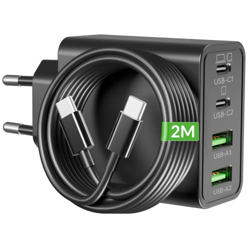 65W Cargador USB C, 4-Puerto Carga Rápido Adaptador + 2M Tipo C Cable