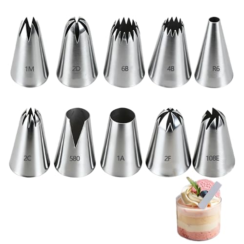 JURENEE 10 Pièces Medium Douilles à Pâtisserie, 304 Douille Patisserie Inox, Medium Douille Patisserie Professionnelle, Safe and Reliable, Durable, Suitable for Cake,...