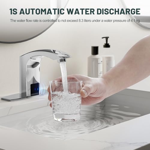 Image of Touchless Bathroom Sink Faucet, Greenspring Automatic Sensor Faucet, Hands Free Vanity Faucets, Commercial Deck Mount Bathroom Faucet with Cover Plate, Chrome