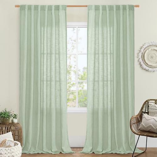LAMIT Linen Curtains 90 Inch for Living Room, Back Tab and Rod Pocket Linen Textured Farmhouse Curtains Light Filtering Drapes for Bedroom/Dining Room, Fresh Green, Set of 2, 52 x 90 Inch