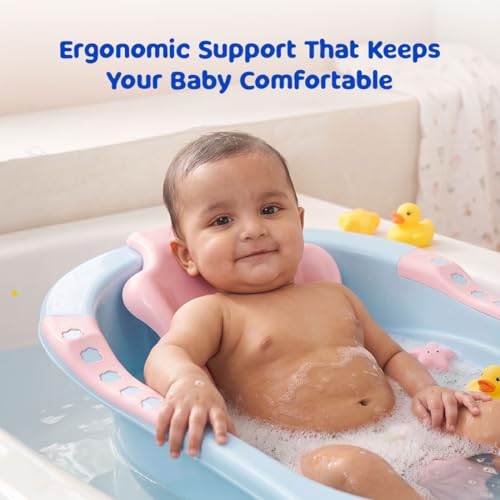 Image of BUMTUM Baby Bathtub & Anti Slip Baby Plastic Bath Chair | Bathtub with Drain Plug, Baby Bath Seat /Sling with Non Slip Suction Base for Babies, Infant & Toddlers(Blue)