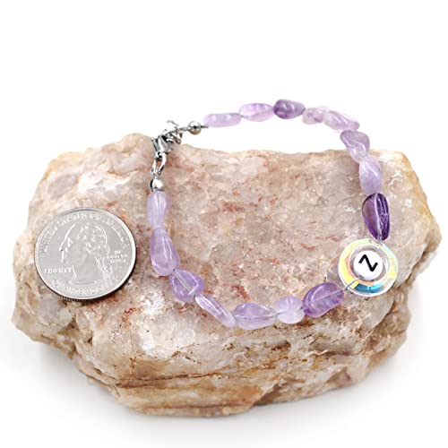 Image of Uloveido Purple Natural Stone and Austrian Crystal Letter Bracelet, Personalized Initial Jewelry for Women A-Z 26 Letters