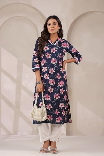 Image of Ichaa Women's Pure Cotton A-Line Ethnic V-Neck Kurta with 3 /4th Sleeve for Daily and Office Wear, in Plus Sizes