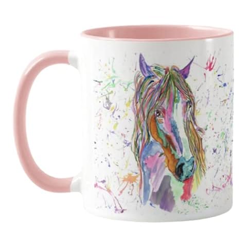 Vixar Horse Watercolour Rainbow Art Coloured Mug Cup, Gift, Birthday, Work, Office, Christmas Tea Coffee (Pink) Cover