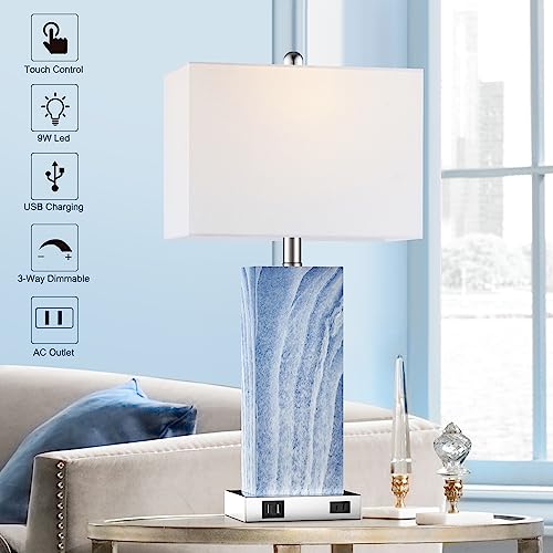 Touch Control Table Lamps with White Fabric Shade Set of 2, 3-Way Dimmable Modern Ceramic Blue Nightstand Bedside Lamp with 2 USB Ports 1 AC Outlet for Living Room, Bedroom (LED Bulbs Included) - Image 4