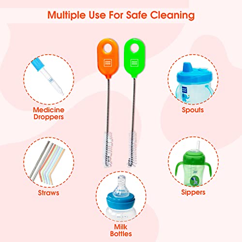 Image of Mee Mee Straw & Teat Cleaning Brush (Green /Orange) (Pack of 2, with Easy Grip)