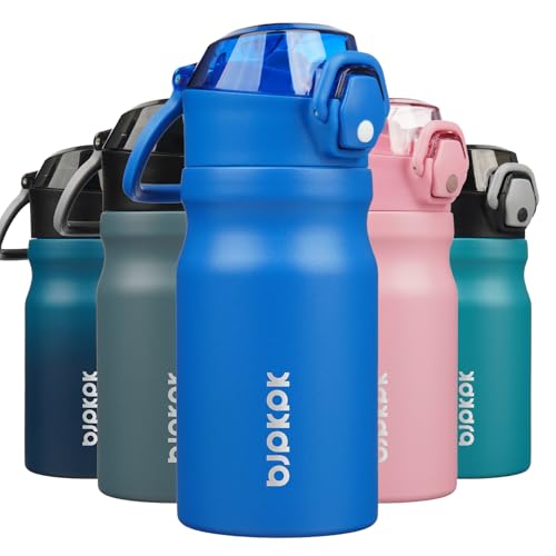 Image of BJPKPK 14 oz Insulated Water Bottle, Straw, Handle, Stainless Steel Flask | Leak Proof Locking Lid, Double Wall Vacuum, Keeps Hot /Cold, BPA Free, Dishwasher Safe, Travel & Sports, Blue