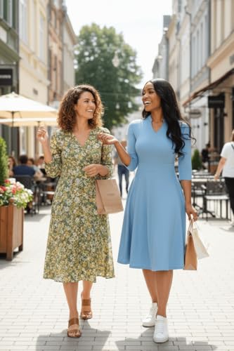 Image of Nmoder Casual Dresses for Women Semi Formal Fit and Flare 3 /4 Sleeve A-line Church Work Dress with Pockets