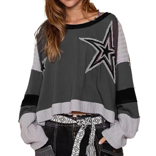 Christmas Star Pullover Drop Shoulder Loose Fit Long Sleeve Raw Edge Contrast Knit Hem Patch Sweater