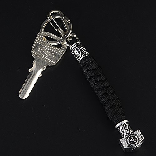 Viking Mens Paracord Lanyard Keychains-Handmade Keyring with Viking Rune Beads Norse Thor's Hammer Beads Braided 550 Paracord Keychain Black Viking Jewelry Gift for Men and Women (Custom X)