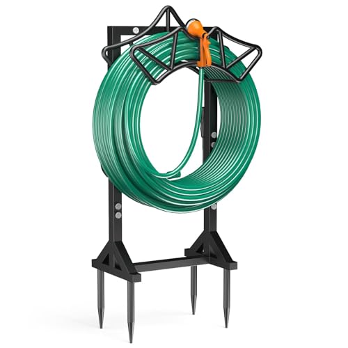 Garden Hose Holder Holds 160Ft Hoses Heavy-Duty Freestanding Water Hose Stand with 2 Tool Hooks Rustproof Hose Rack with 4 Spikes Hose Hanger Storage for Outside Yard Lawn