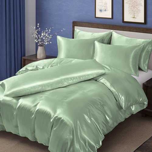MILVOWOC Satin Duvet Cover Set, Sage Green, Full/Queen Size, 6 Pcs