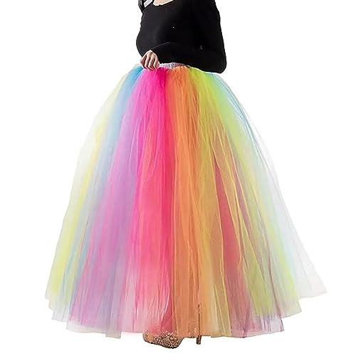Women's A Line Pleated Long Maxi Tutu Tulle Party Skirts Rainbow Dress