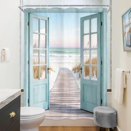 Image of Riyidecor Blue Beach Barn Door Shower Curtain 48Wx72H Inch Narrow Summer Retro Teal Wood Hawaii Sea Path Rustic Ocean Coastal Seaside Country Bathroom Decor Fabric Polyester Waterproof 8 Pack Hooks
