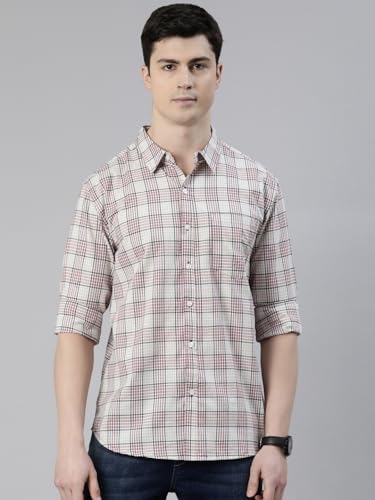 Image of JOVEN Men Slim Fit Pure Cotton Brown and Dark Green Casual Checked Shirt