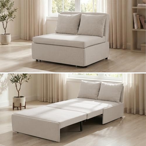 Image of BALUS 43 inch W Twin Size Sleeper Couch Bed Pull Out Sofa with Pullout Beds, 2 in 1 Convertible Linen Single Sleepers Sofas Chair with Foldable Mattress and Pillows for Small Space Apartment, Beige
