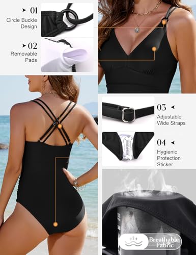 Women's One Piece Swimsuits Tummy Control Bathing Suit V Neck Ruched Swimwear Criss Cross Back O-Ring Vintage4