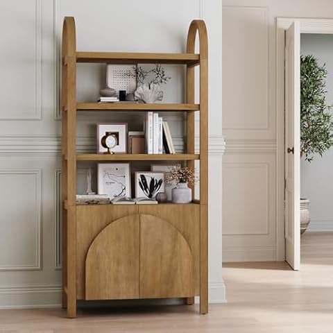 Nathan James Iris 3 Tier Bookshelf, Arched Bookcase Cabinet, Solid Wood Bookcase with Cabinet Base, Boho Bookshelf in Unbrushed Light Brown Finish Cover
