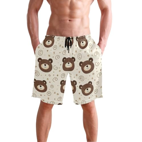 Quick Dry Cartoon Bear Faces Men's Swimming Shorts Swim Trunks with Mesh Lining Beach Wear - S