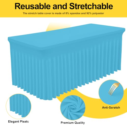 Image of Smiry Spandex Elastic Fitted Table Cloth Skirt for 8FT Rectangle Table | Stretch Washable Table Cloth, Banquet Table Cover for Wedding, Party, Indoor & Trade Shows, (Blue Mist, 96Lx30Wx30H)