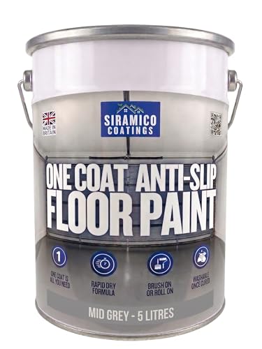 SIRAMICO COATINGS One Coat Anti-Slip Floor Paint | 5 Litres | 5 Modern Colours I Waterbased Quick Drying Formula | White Black Greys (Mid Grey 5 Liters)
