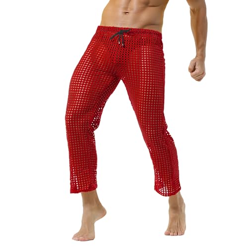 Men's Hollow Openwork Drawstring Lounge Sexy Mesh Pants Breathable Long Pants Pajamas Novelty Bottoms3