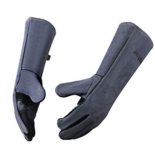 Welding Gloves, Vastar 16 Inches Leather Forge Fireproof Gloves 662¨H(350¡æ) Fire Resistant, for Fireplace/Stove/Oven/Grill/BBQ/Welding/Animal Handling, Grey Black