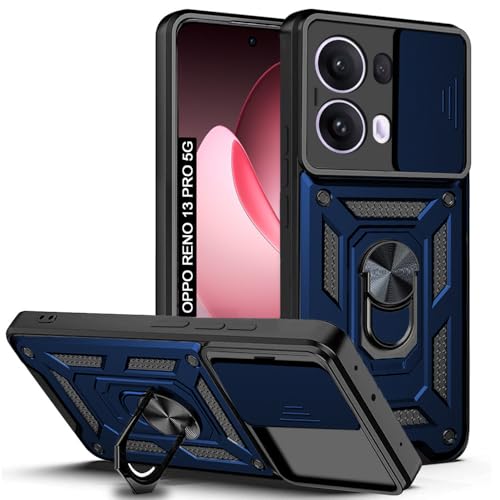 Image of AESTMO Tough Armor Oppo Reno13 Pro 5G Bumper Back Case Cover | Ring Holder & Sliding Camera Cover | 360 Degree Protection Back Case Cover for Oppo Reno13 Pro 5G (Blue)