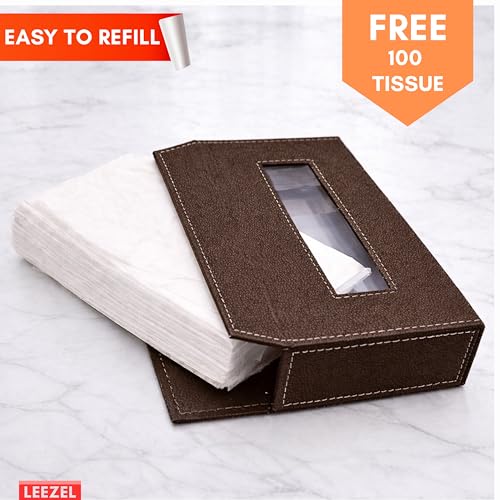 Image of LEEZEL| Tissue Box Holder with 100 Pulls Cotton Rags Tissue | Handcrafted Fine Leather - Like Finish | for Gifting, Office Desks, Cars & Home Decor | Durable & Water Resistant. (Chocolate)