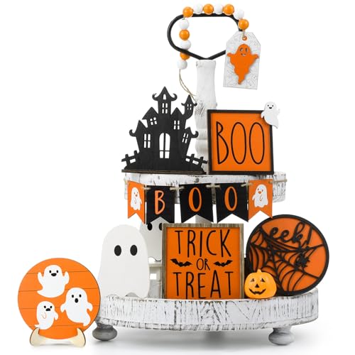 Umigy 15 Pcs Halloween Tiered Tray Decor Set Cute Ghost Tray Decorations Boo Halloween Wooden Signs Farmhouse Rustic Decoration for Home Table Party Supplies(Orange Ghost)