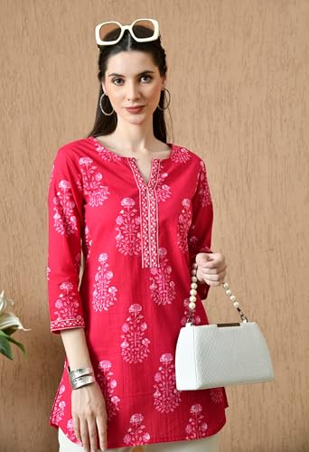Image of Amazon Brand - Tavasya Women Floral Printed Round Neck Pure Cotton Regular Fit Kurti | Everyday & Office Wear Kurta | Modern Ethnic Top