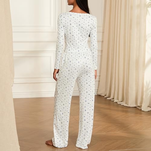 Image of Women 2 Piece Lounge Set Y2k Long Sleeve Square Neck Floral Tops+elastic Waist Long Pants Sleepwear Sets