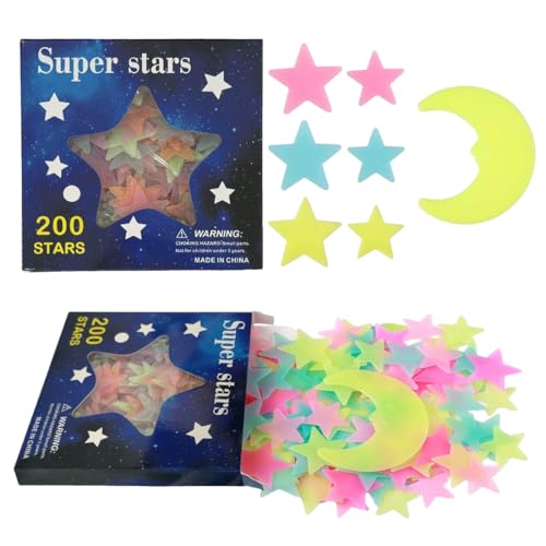 HABNI 200 Pezzi Stelle Fluorescenti Adesive Soffitto, 3D Stelle e Luna Luminose da Parete Decorazione per Camera di Bambini, Stelline Adesive Luminose Colorate per Cameretta