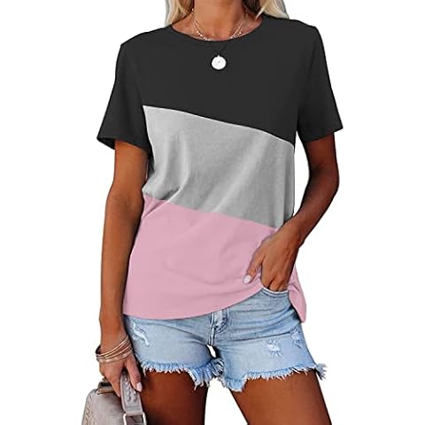 Bigeoosh Womens Color Block Long Sleeve Shirt Pullover Round Neck Loose Tops, 1-pink, Large Cover