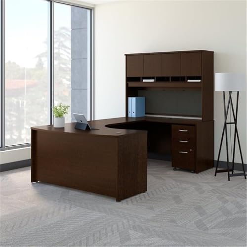 UrbanPro Right Hand Bow Front U Shaped Computer Desk with Hutch in Mocha Cherry - Thumbnail 2