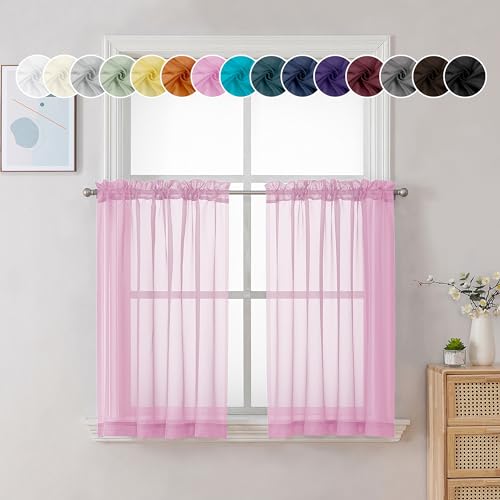 Image of Chyhomenyc Pink Curtains Over Sink 36 Inch Length 2 Panels, Light Filtering Short Rod Pocket Voile Sheer Drapes for Bathroom Living Room Small Windows, Each 42W x 36L inches