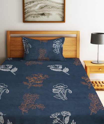 Image of Home Sizzler 210TC Midnight Bloom Elastic Fitted Single Bedsheet (72X36 Inch) with 1 Pillow Cover, Blue