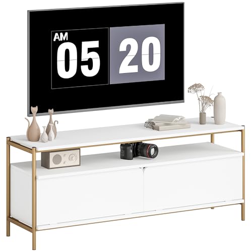 HOMCOM Meuble TV Meuble télé pour téléviseur jusqu'à 55 Pouces avec 2 Portes rabattables et étagère Ouverte, Cadre en Acier, Banc TV Moderne pour Salon...