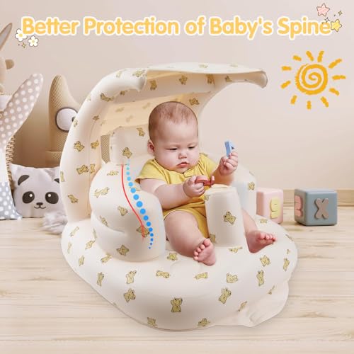 Image of Inflatable Baby Seat with Integrated Canopy for Babies 3 Months & Up, Baby Floor Seats for Sitting Up, Baby Seats for Infants, Blow Up Baby Chair with Built in Air Pump - Bear